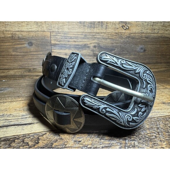 Unbranded Accessories - Vintage Western Black Leather Belt with Silver Engraved Buckle & Conchos
